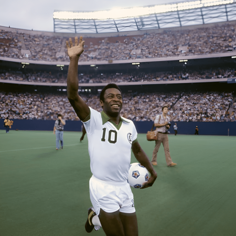 Pele holding a football and waving his hand